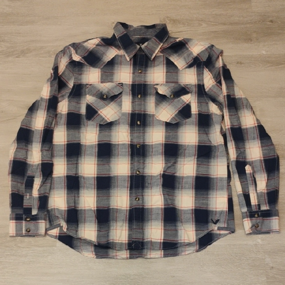 American Eagle Outfitters Navy and Cream Plaid Shirt Men's Size L